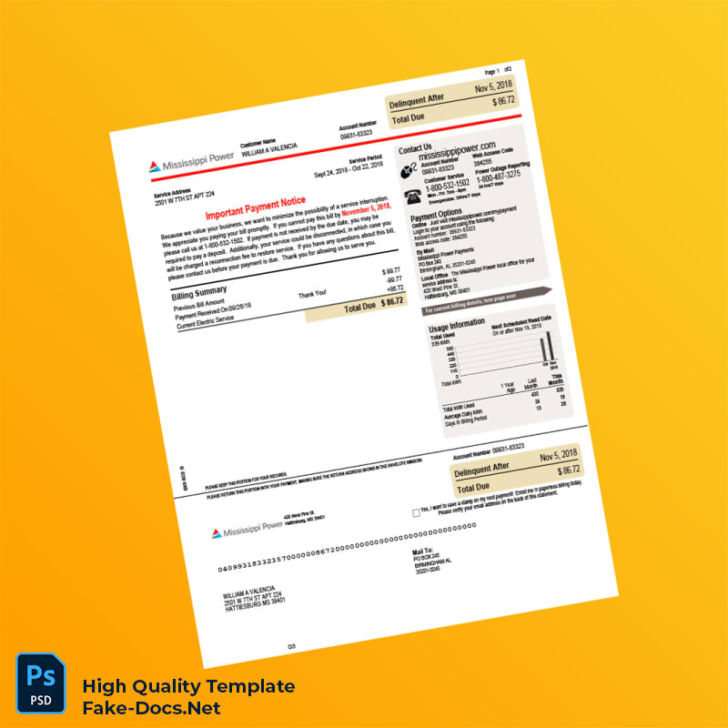 USA Mississippi Power Editable Bill Template in Word and PDF formats 2 page USA Mississippi Power Editable Bill Template in Word and PDF formats 2 page