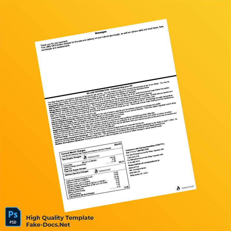 USA National Fuel Gas Distribution Corporation Editable Gas Bill Template in Word and PDF formats 2 page USA National Fuel Gas Distribution Corporation Editable Gas Bill Template in Word and PDF formats 2 page