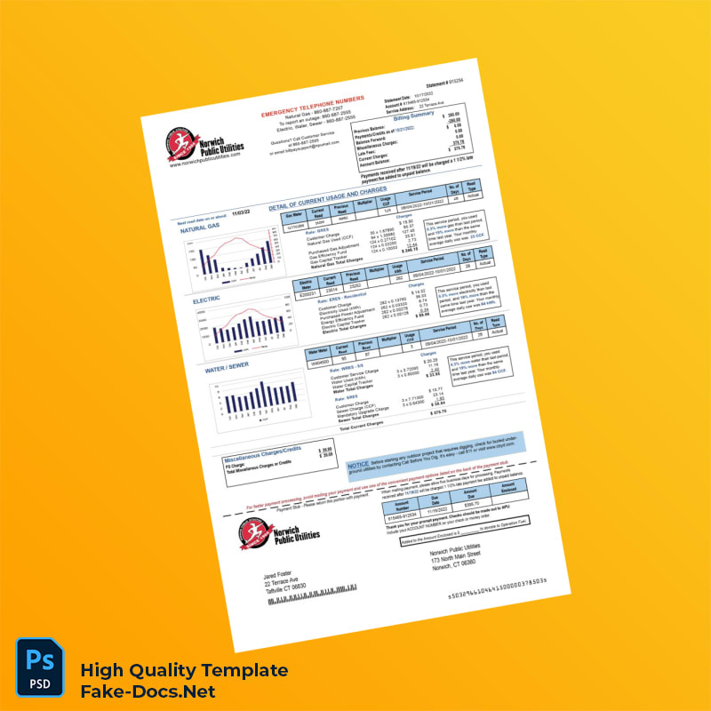 USA Norwich Public Utilities Editable Utility Bill Template in Word and PDF formats USA Norwich Public Utilities Editable Utility Bill Template in Word and PDF formats