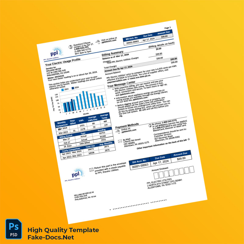 USA PPL Electric Utilities Editable Electricity Bill Template in Word and PDF formats 2 page USA PPL Electric Utilities Editable Electricity Bill Template in Word and PDF formats 2 page