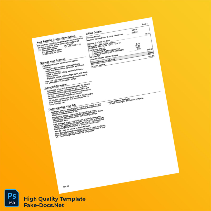 USA PPL Electric Utilities Editable Electricity Bill Template in Word and PDF formats 2 page USA PPL Electric Utilities Editable Electricity Bill Template in Word and PDF formats 2 page