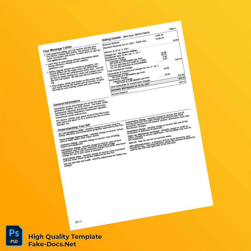 USA PPL Electric Utilities Editable Electricity Bill Template in Word and PDF formats 4 page USA PPL Electric Utilities Editable Electricity Bill Template in Word and PDF formats 4 page