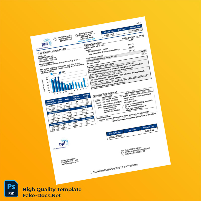 USA PPL Electric Utilities Editable Electricity Bill Template in Word and PDF formats 4 page USA PPL Electric Utilities Editable Electricity Bill Template in Word and PDF formats 4 page