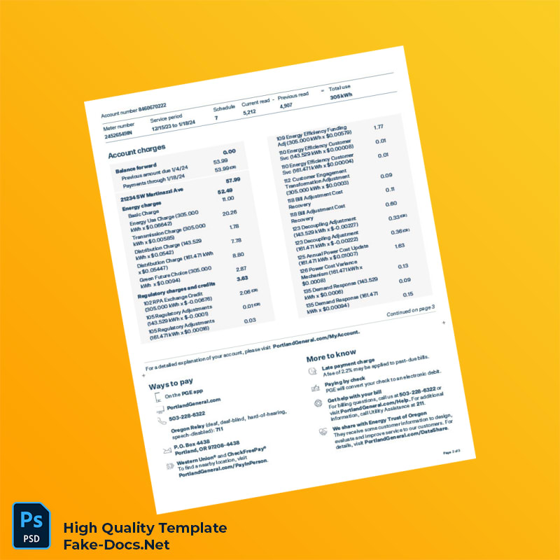 USA Portland General Editable Utility Bill Template in Word and PDF formats 3 page USA Portland General Editable Utility Bill Template in Word and PDF formats 3 page