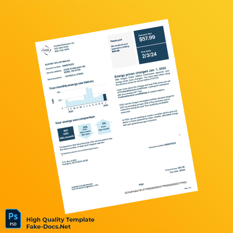USA Portland General Editable Utility Bill Template in Word and PDF formats 3 page USA Portland General Editable Utility Bill Template in Word and PDF formats 3 page