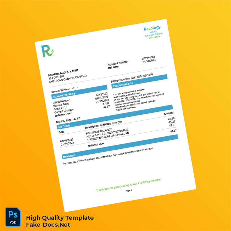 USA Recology Editable Utility Bill Template in Word and PDF formats USA Recology Editable Utility Bill Template in Word and PDF formats