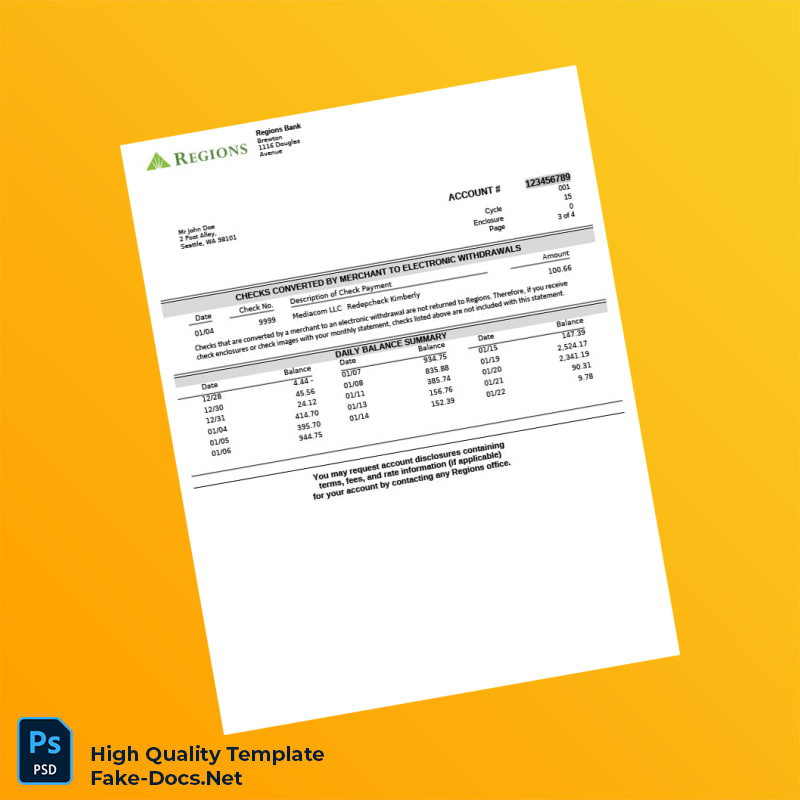 USA Regions Bank Statement Template in Word and PDF formats 6 page USA Regions Bank Statement Template in Word and PDF formats 6 page