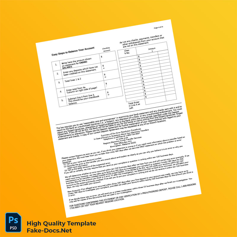 USA Regions Bank Statement Template in Word and PDF formats 6 page USA Regions Bank Statement Template in Word and PDF formats 6 page