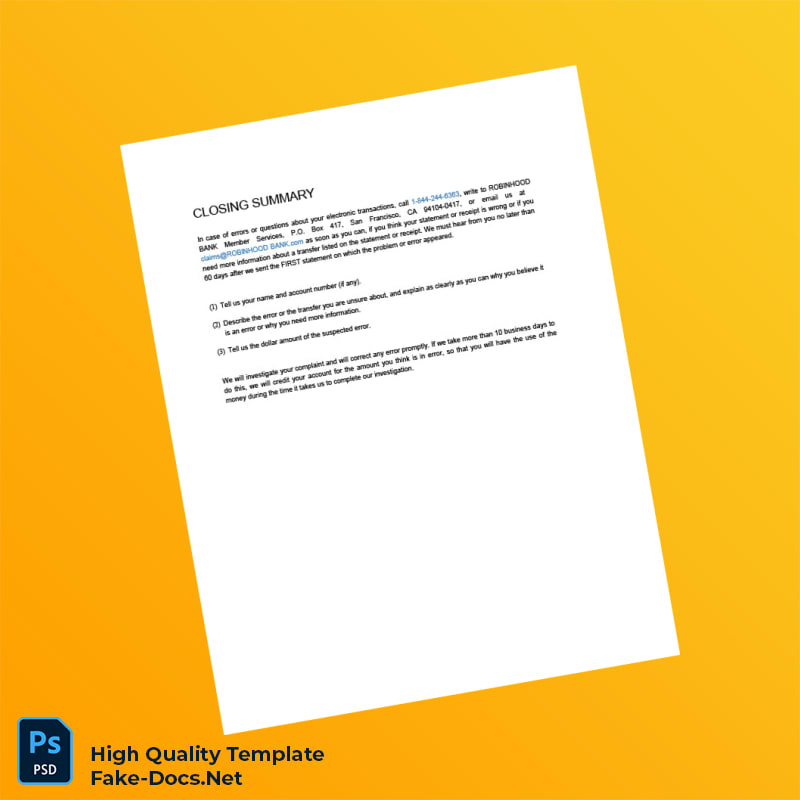 USA Robinhood Checking Account Statement Template in Word and PDF formats 6 page USA Robinhood Checking Account Statement Template in Word and PDF formats 6 page