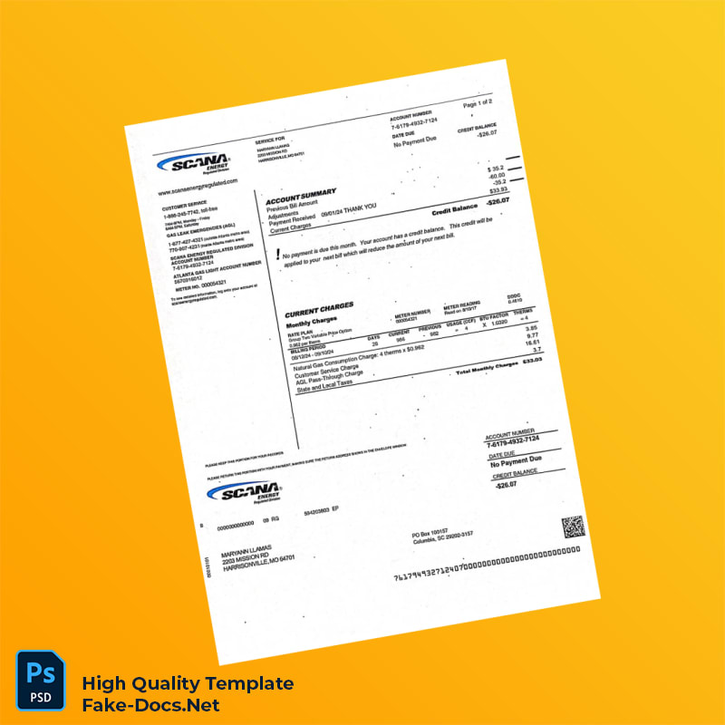 USA SCANA Energy Editable Utility Bill Template in Word and PDF formats USA SCANA Energy Editable Utility Bill Template in Word and PDF formats
