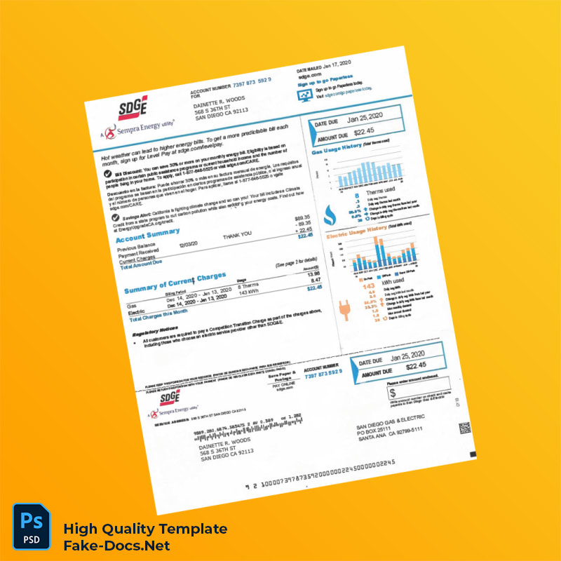 USA SDG E Editable Utility Bill Template in Word and PDF formats USA SDG E Editable Utility Bill Template in Word and PDF formats