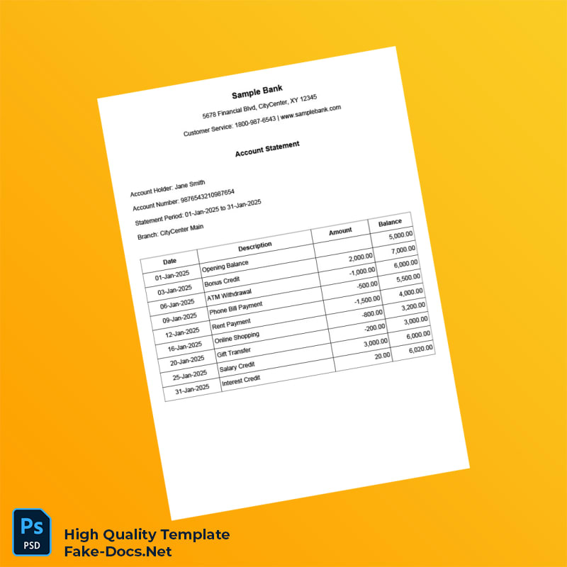 USA Sample Bank Account Statement Template in Word and PDF formats USA Sample Bank Account Statement Template in Word and PDF formats