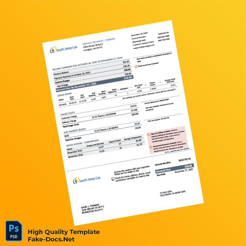 USA South Jersey Gas Editable Gas Bill Template in Word and PDF formats USA South Jersey Gas Editable Gas Bill Template in Word and PDF formats