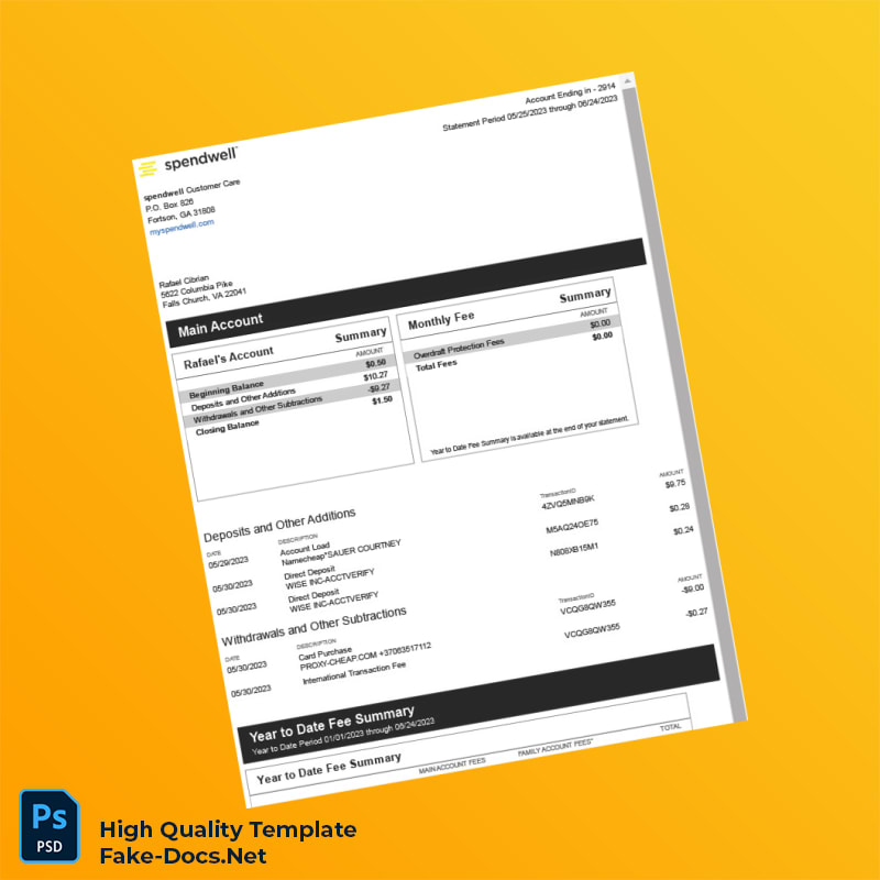USA Spendwell Bank Statement Template in Word and PDF formats 2 page USA Spendwell Bank Statement Template in Word and PDF formats 2 page