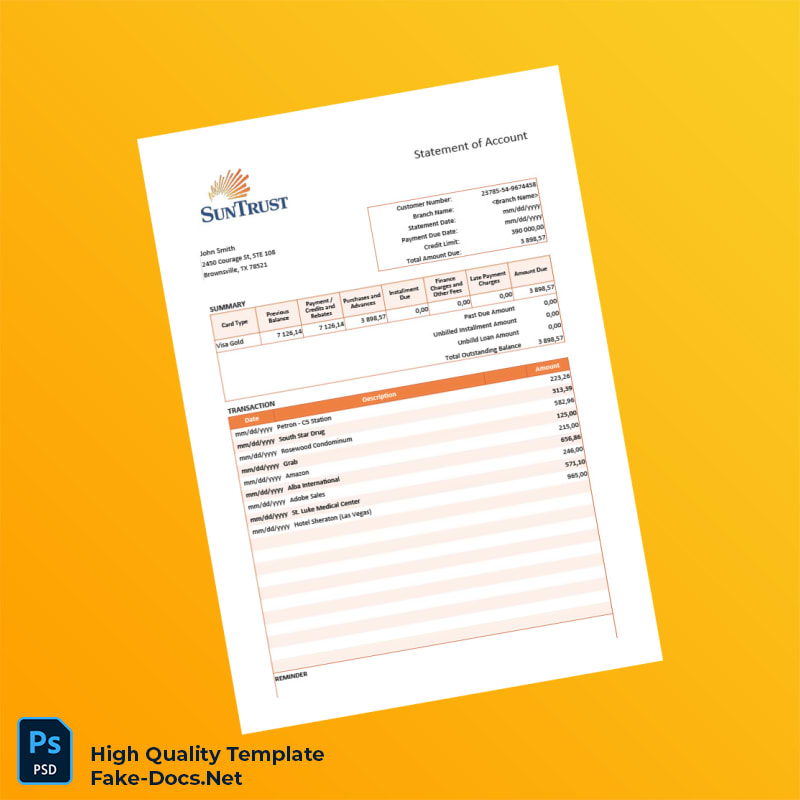 USA SunTrust Credit Card Statement Template in Word and PDF formats 3 page USA SunTrust Credit Card Statement Template in Word and PDF formats 3 page