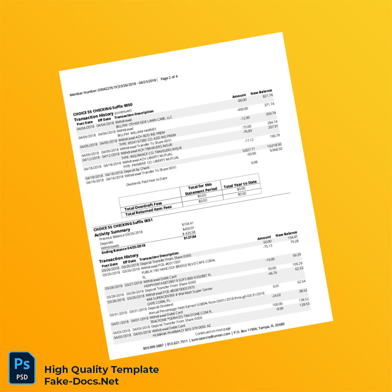 USA Suncoast Credit Union Account Statement Template in Word and PDF formats 4 page USA Suncoast Credit Union Account Statement Template in Word and PDF formats 4 page