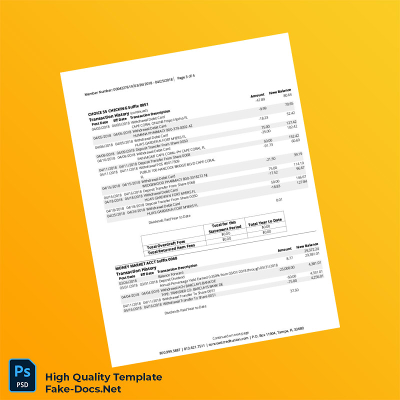 USA Suncoast Credit Union Account Statement Template in Word and PDF formats 4 page USA Suncoast Credit Union Account Statement Template in Word and PDF formats 4 page