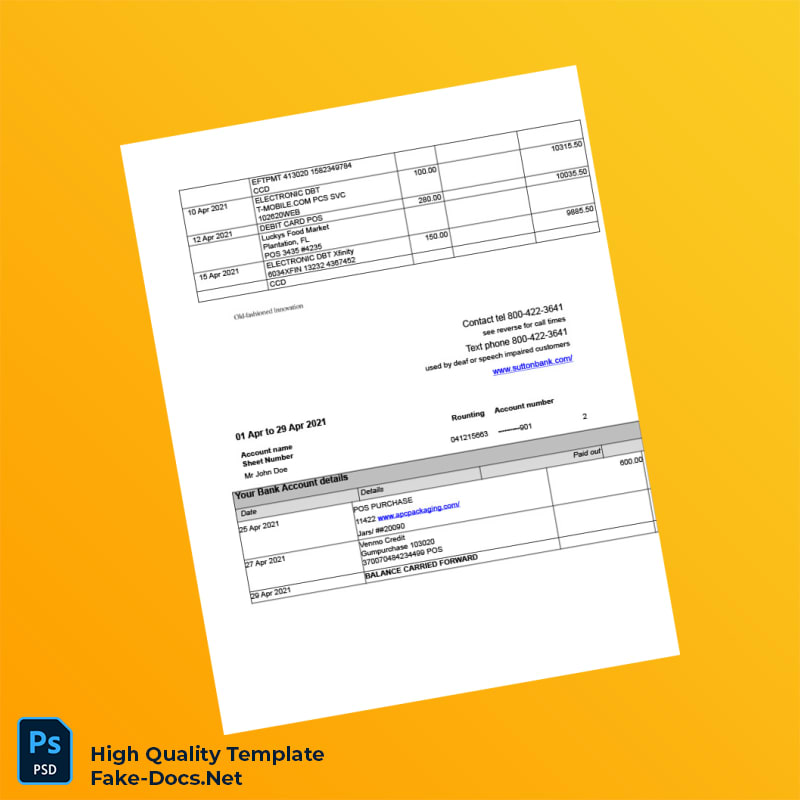 USA Sutton Bank Statement Template in Word and PDF formats 2 page USA Sutton Bank Statement Template in Word and PDF formats 2 page