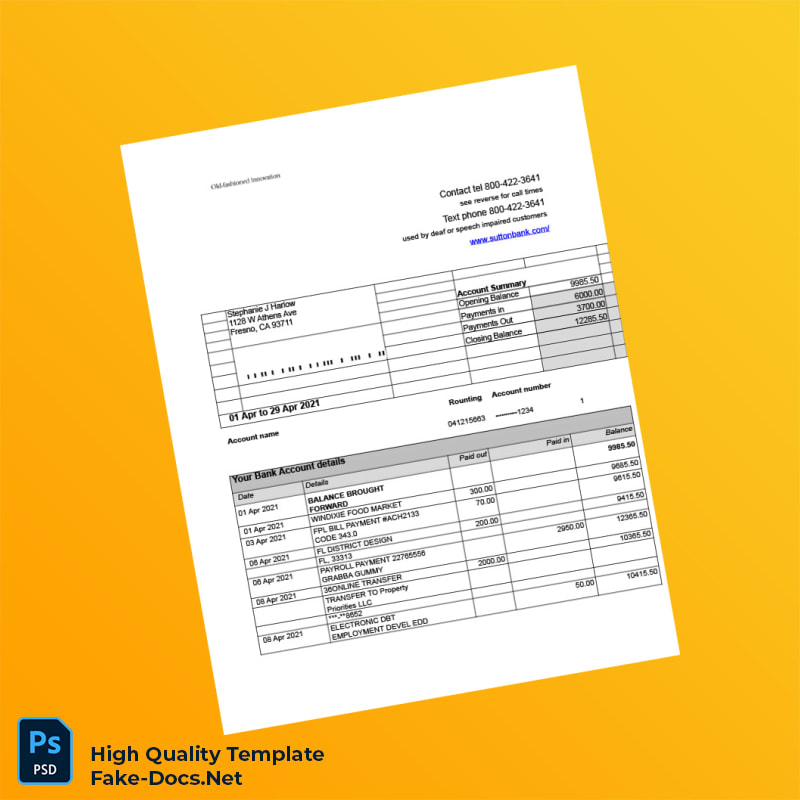 USA Sutton Bank Statement Template in Word and PDF formats 2 page USA Sutton Bank Statement Template in Word and PDF formats 2 page