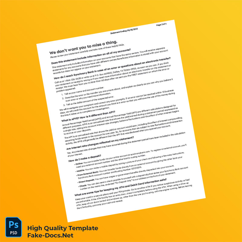 USA Synchrony Bank Statement Template in Word and PDF formats 4 page USA Synchrony Bank Statement Template in Word and PDF formats 4 page