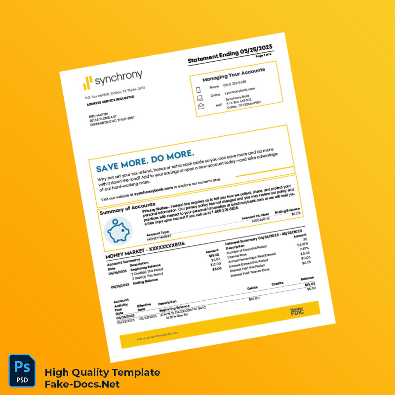 USA Synchrony Bank Statement Template in Word and PDF formats 4 page USA Synchrony Bank Statement Template in Word and PDF formats 4 page