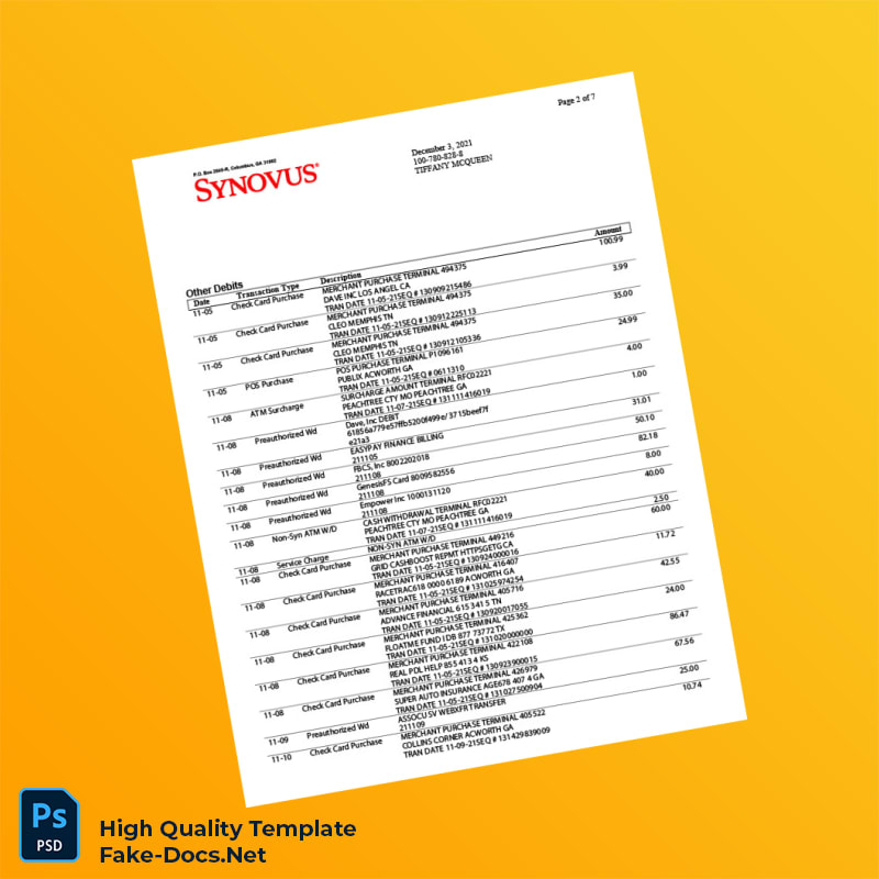 USA Synovus Bank Statement Template in Word and PDF formats 8 page USA Synovus Bank Statement Template in Word and PDF formats 8 page