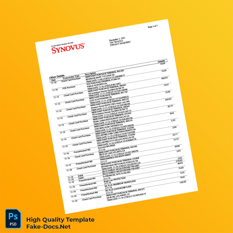 USA Synovus Bank Statement Template in Word and PDF formats 8 page USA Synovus Bank Statement Template in Word and PDF formats 8 page