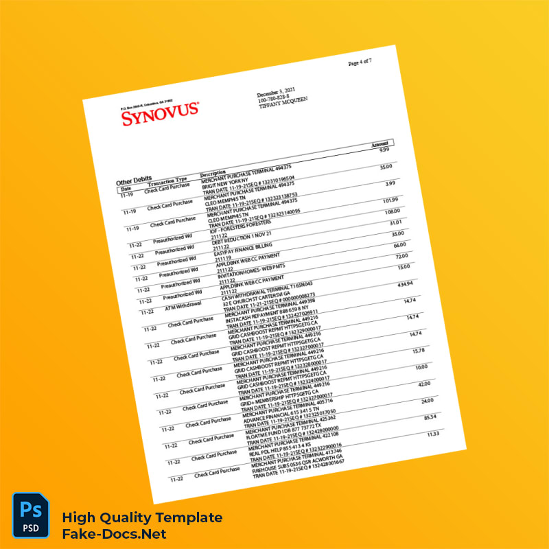 USA Synovus Bank Statement Template in Word and PDF formats 8 page USA Synovus Bank Statement Template in Word and PDF formats 8 page