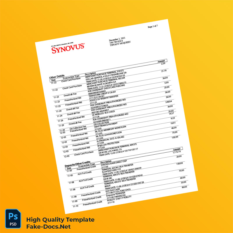 USA Synovus Bank Statement Template in Word and PDF formats 8 page USA Synovus Bank Statement Template in Word and PDF formats 8 page