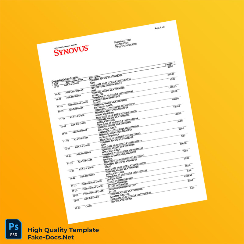 USA Synovus Bank Statement Template in Word and PDF formats 8 page USA Synovus Bank Statement Template in Word and PDF formats 8 page
