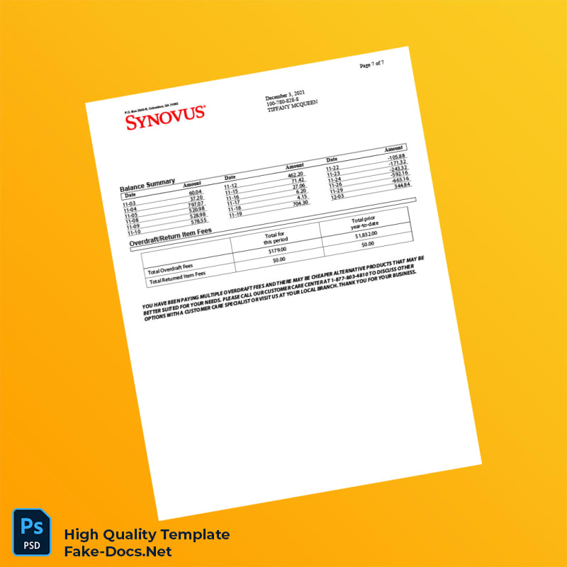 USA Synovus Bank Statement Template in Word and PDF formats 8 page USA Synovus Bank Statement Template in Word and PDF formats 8 page