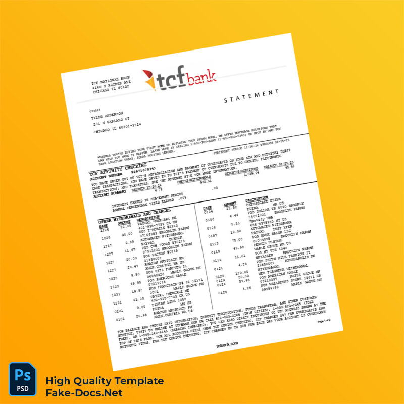 USA TCF National Bank Statement Template in Word and PDF formats 2 page USA TCF National Bank Statement Template in Word and PDF formats 2 page