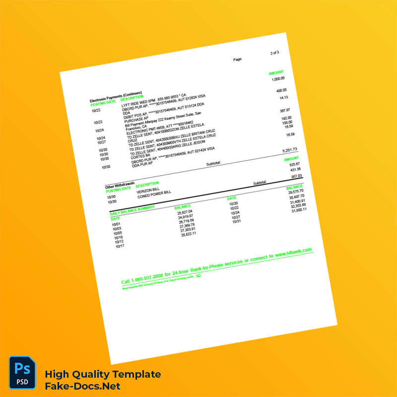 USA TD Bank Credit Card Statement Template in Word and PDF formats 3 page USA TD Bank Credit Card Statement Template in Word and PDF formats 3 page