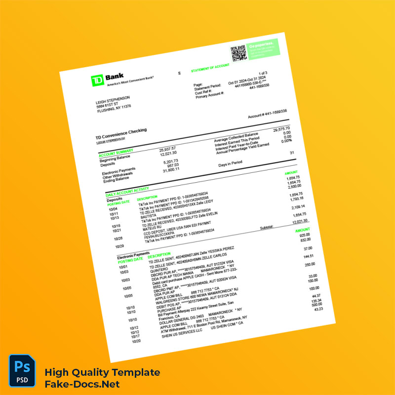 USA TD Bank Credit Card Statement Template in Word and PDF formats 3 page USA TD Bank Credit Card Statement Template in Word and PDF formats 3 page