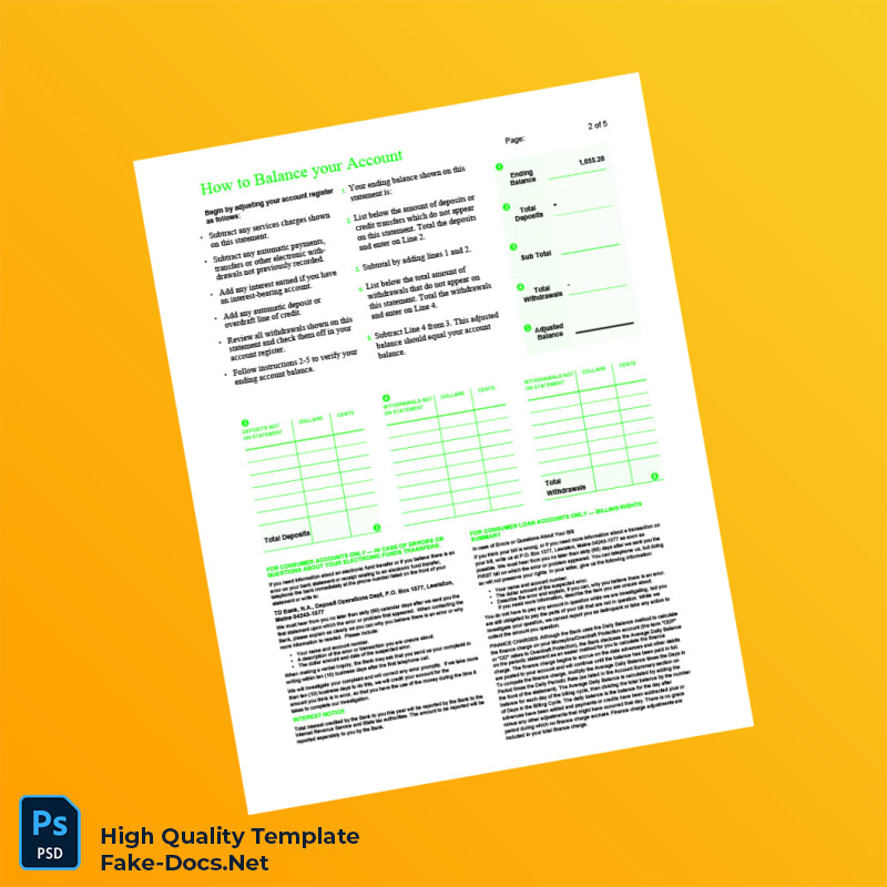 USA TD Bank Statement Template in Word and PDF formats 6 page USA TD Bank Statement Template in Word and PDF formats 6 page