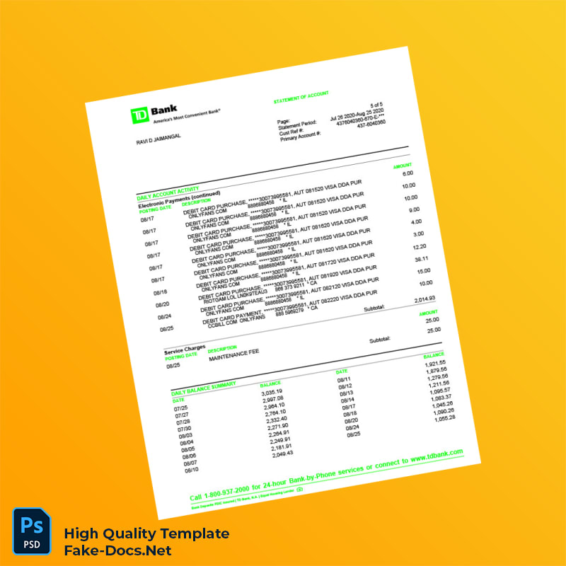 USA TD Bank Statement Template in Word and PDF formats 6 page USA TD Bank Statement Template in Word and PDF formats 6 page
