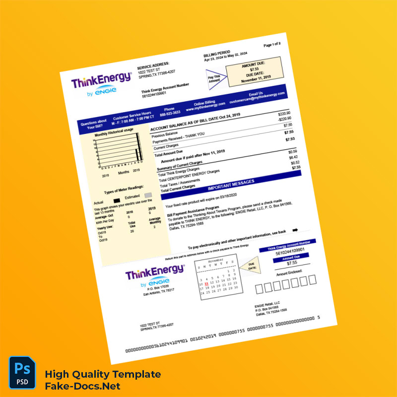 USA ThinkEnergy Editable Electricity Bill Template in Word and PDF formats 2 page USA ThinkEnergy Editable Electricity Bill Template in Word and PDF formats 2 page