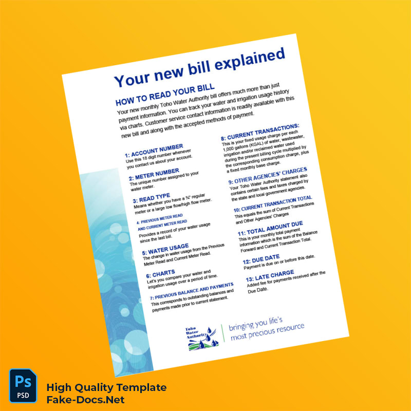 USA Toho Water Authority Editable Water Bill Template in Word and PDF formats 2 page USA Toho Water Authority Editable Water Bill Template in Word and PDF formats 2 page