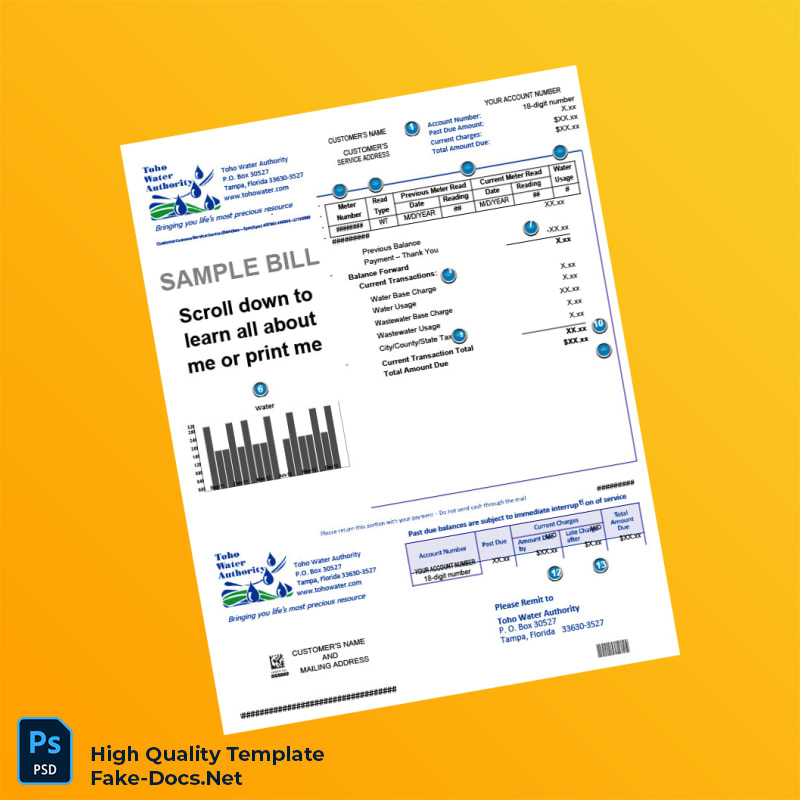 USA Toho Water Authority Editable Water Bill Template in Word and PDF formats 2 page USA Toho Water Authority Editable Water Bill Template in Word and PDF formats 2 page