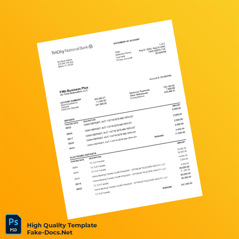 USA TriCity National Bank Statement Template in Word and PDF formats USA TriCity National Bank Statement Template in Word and PDF formats