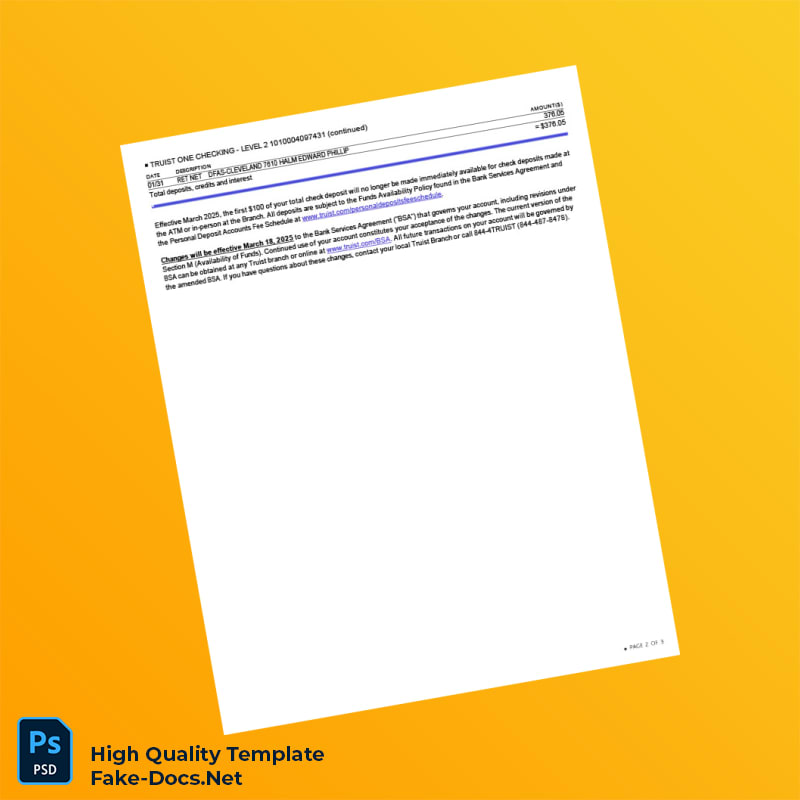 USA Truist Bank Statement Template in Word and PDF formats 3 page USA Truist Bank Statement Template in Word and PDF formats 3 page