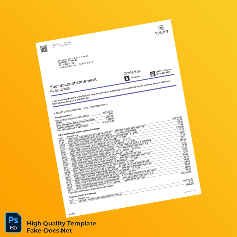 USA Truist Bank Statement Template in Word and PDF formats 3 page USA Truist Bank Statement Template in Word and PDF formats 3 page