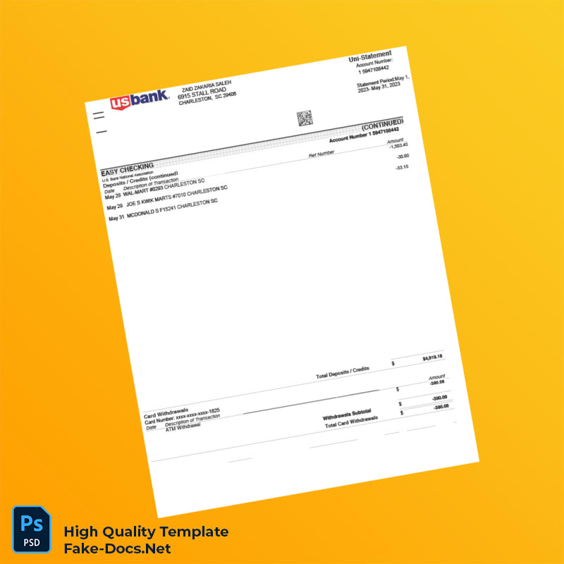 USA U S Bank Account Statement Template in Word and PDF formats 2 page USA U S Bank Account Statement Template in Word and PDF formats 2 page