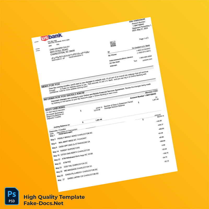 USA U S Bank Account Statement Template in Word and PDF formats 2 page USA U S Bank Account Statement Template in Word and PDF formats 2 page