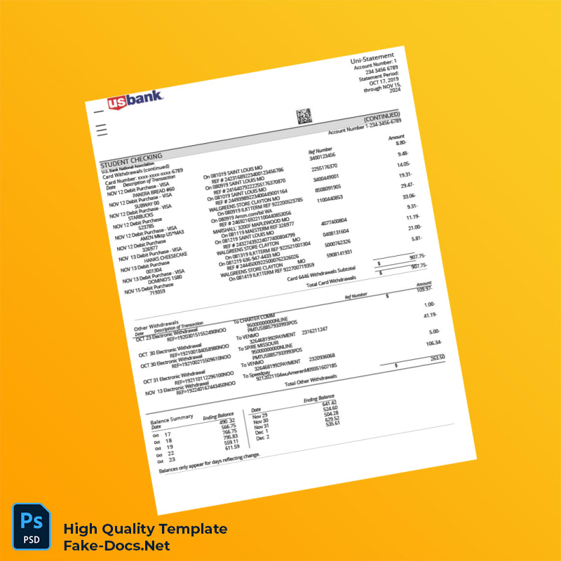 USA US Bank Statement Template in Word and PDF formats 4 page USA US Bank Statement Template in Word and PDF formats 4 page