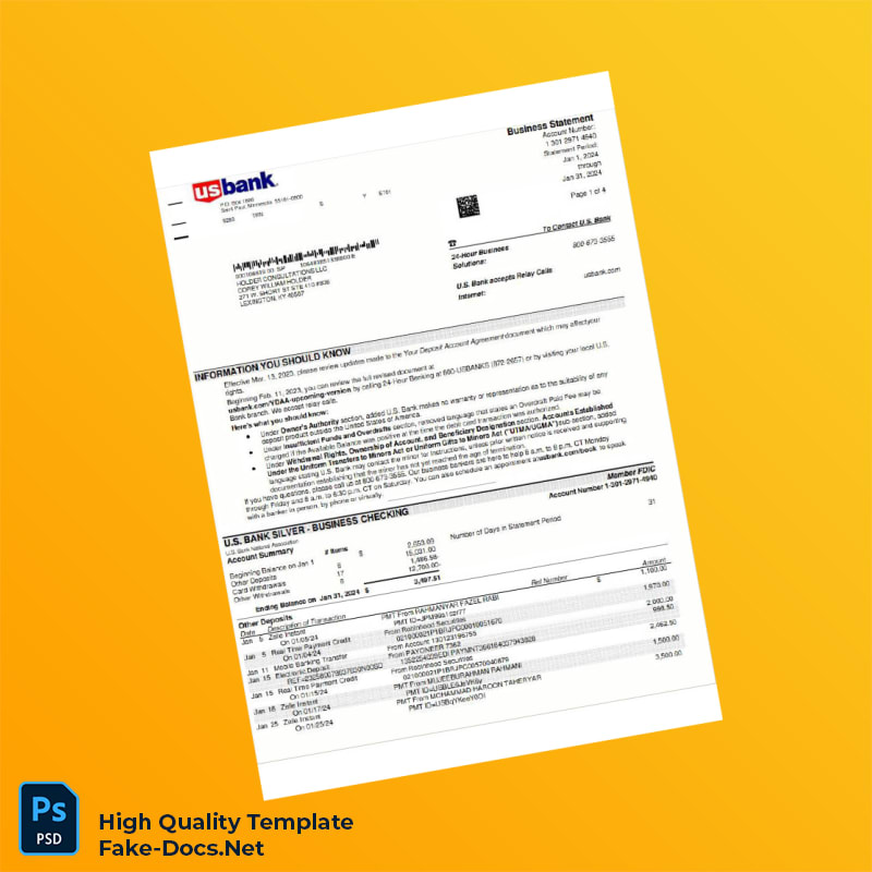 USA USBank Business Statement Template in Word and PDF formats 5 page USA USBank Business Statement Template in Word and PDF formats 5 page