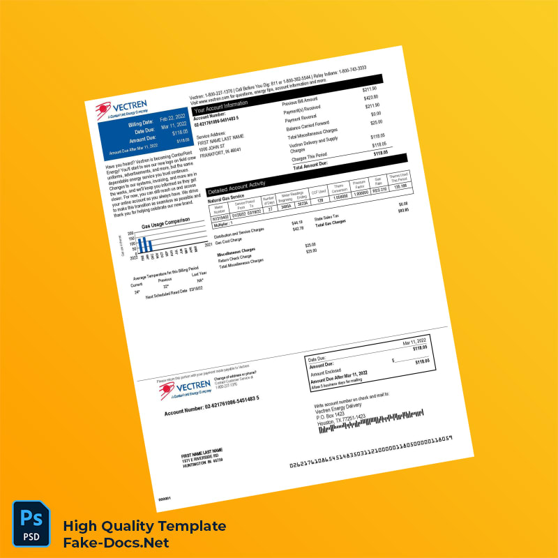 USA Vectren Editable Utility Bill Template in Word and PDF formats USA Vectren Editable Utility Bill Template in Word and PDF formats
