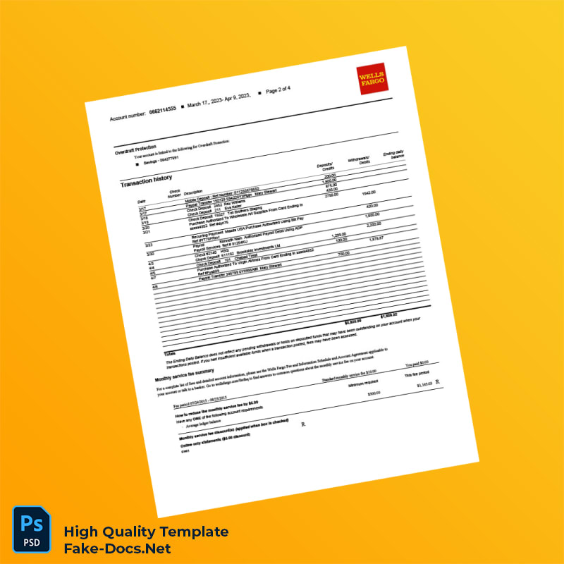 USA Wells Fargo Bank Statement Template in Word and PDF formats 4 page USA Wells Fargo Bank Statement Template in Word and PDF formats 4 page