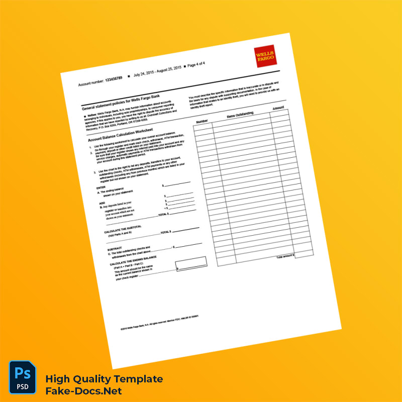 USA Wells Fargo Bank Statement Template in Word and PDF formats 4 page USA Wells Fargo Bank Statement Template in Word and PDF formats 4 page