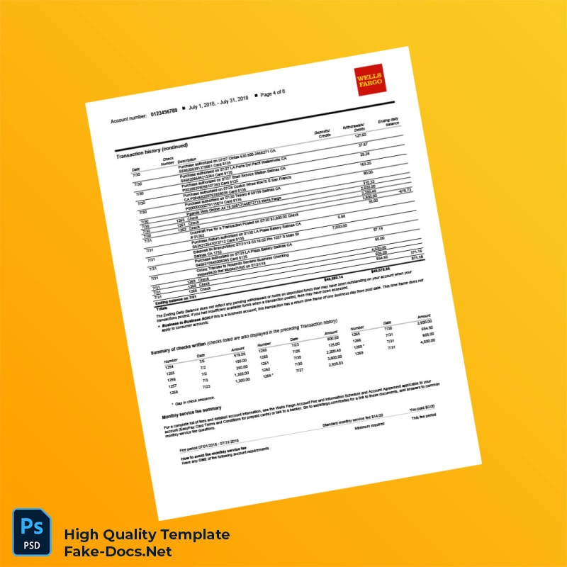 USA Wells Fargo Business Bank Statement Template in Word and PDF formats 6 page USA Wells Fargo Business Bank Statement Template in Word and PDF formats 6 page